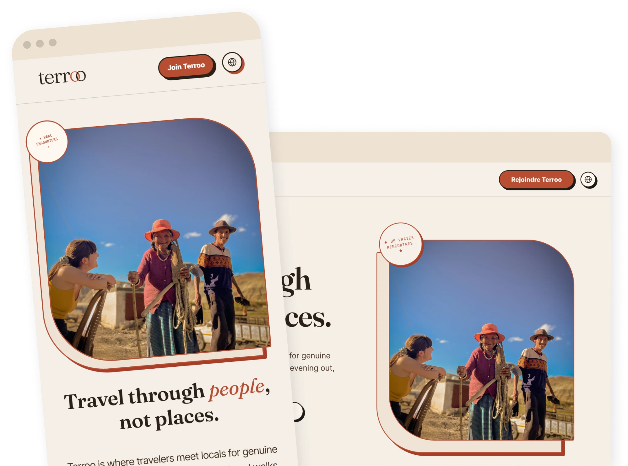 Terroo website homepage on mobile and desktop, with the headline 'Travel through people, not places'