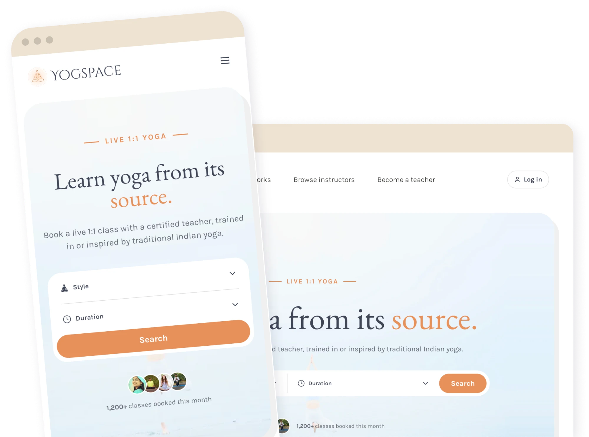 Yogspace redesigned homepage on mobile and desktop, with the headline 'Learn yoga from its source'