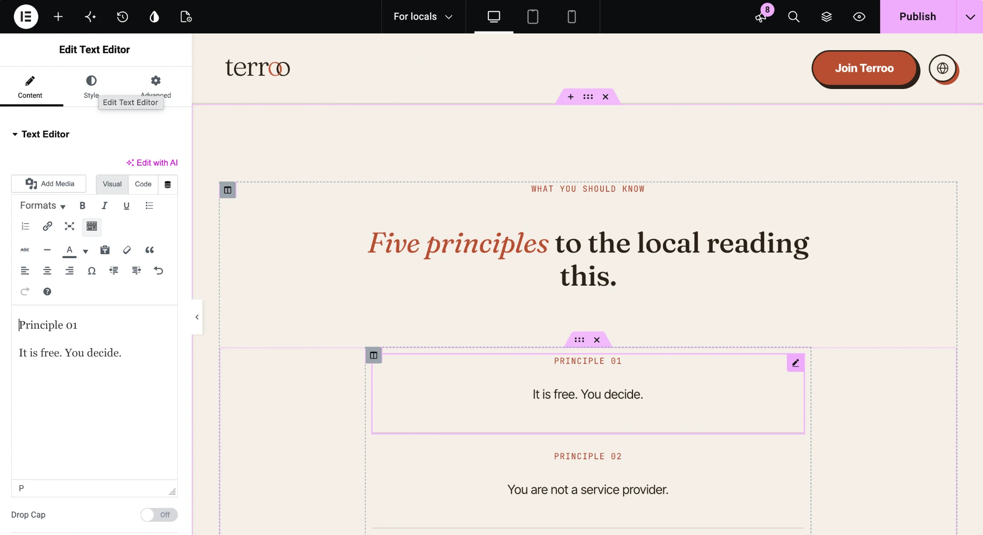 Editing the Terroo 'For locals' page in the Elementor back office, with the founder's own text editable in place