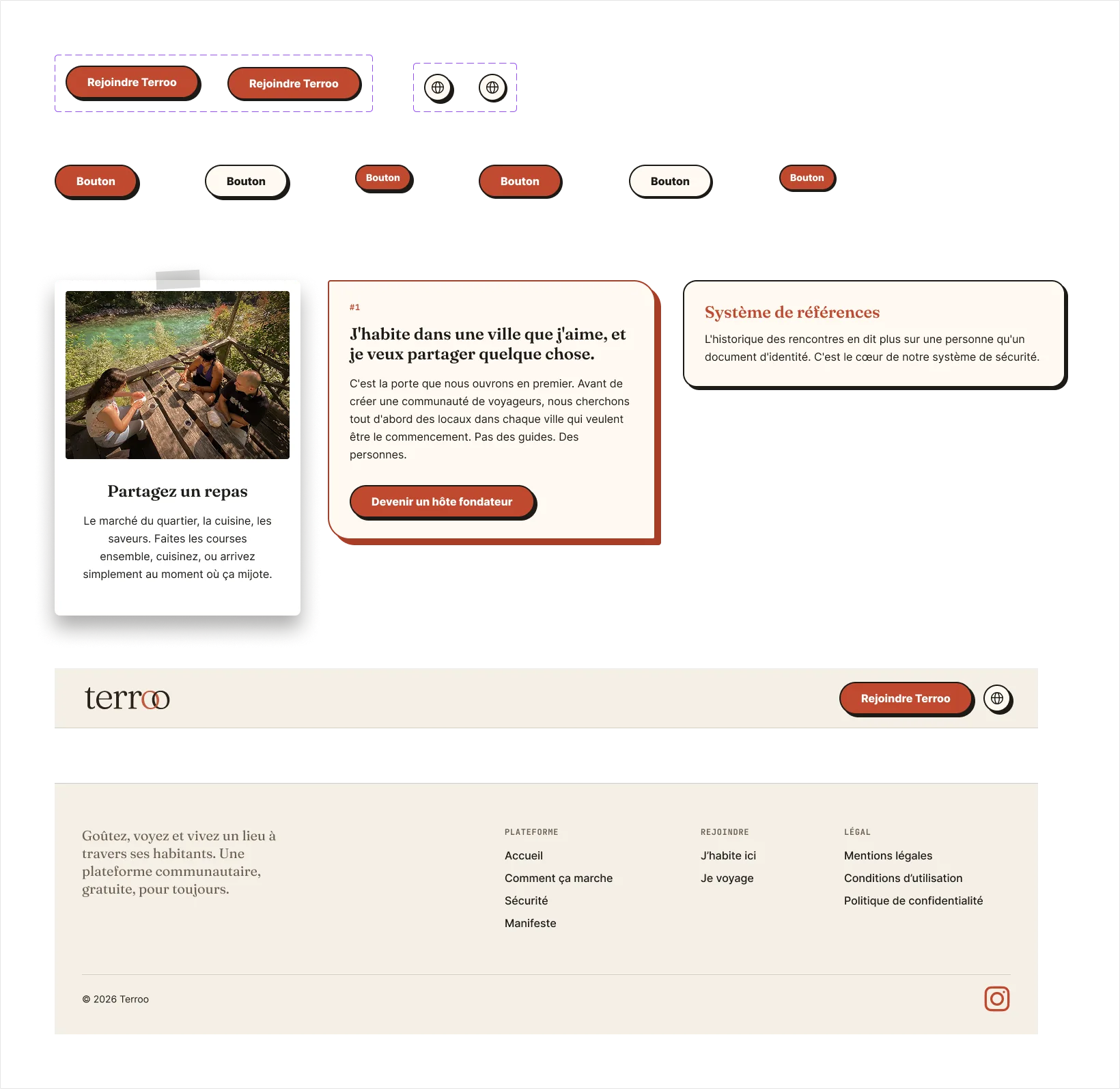 Terroo's Figma component library: buttons, cards and footer, organized and generated with Claude