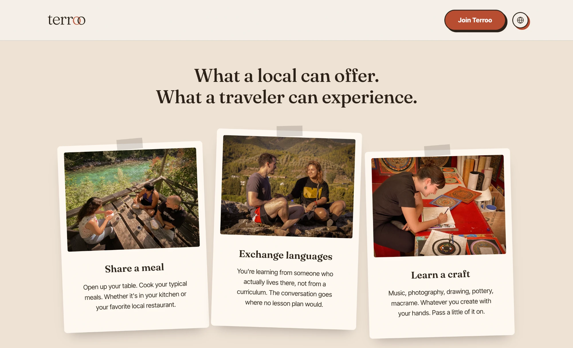 Terroo homepage: pinned-postcard cards showing what a local can offer and what a traveler can experience