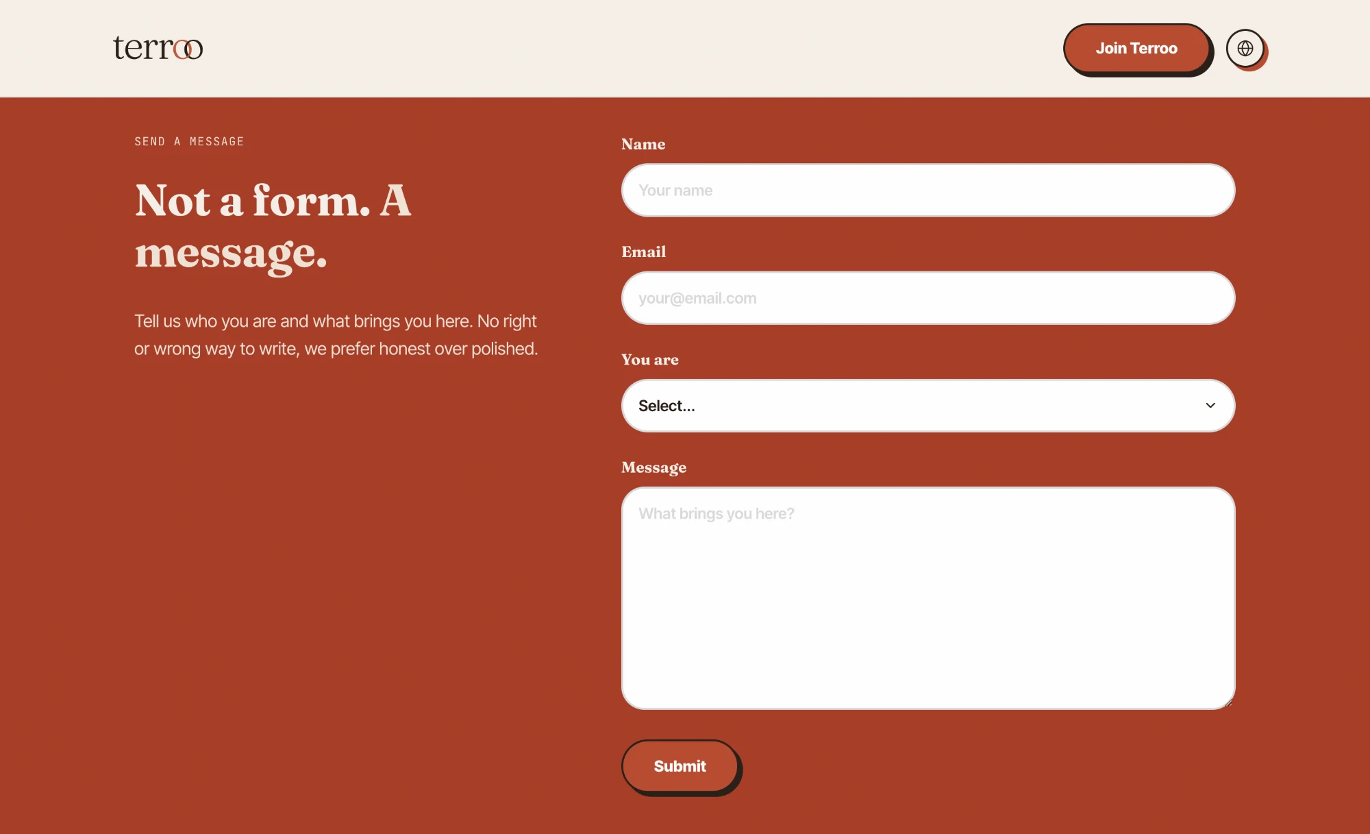 Terroo contact section: 'Not a form. A message.'