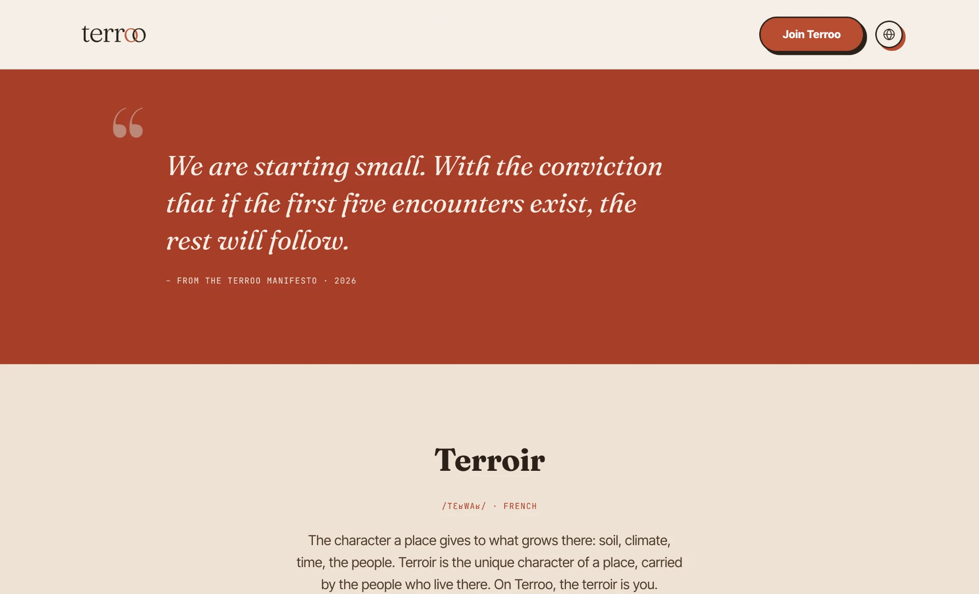 Rust-colored manifesto quote block, followed by the 'Terroir' definition, on the Terroo homepage