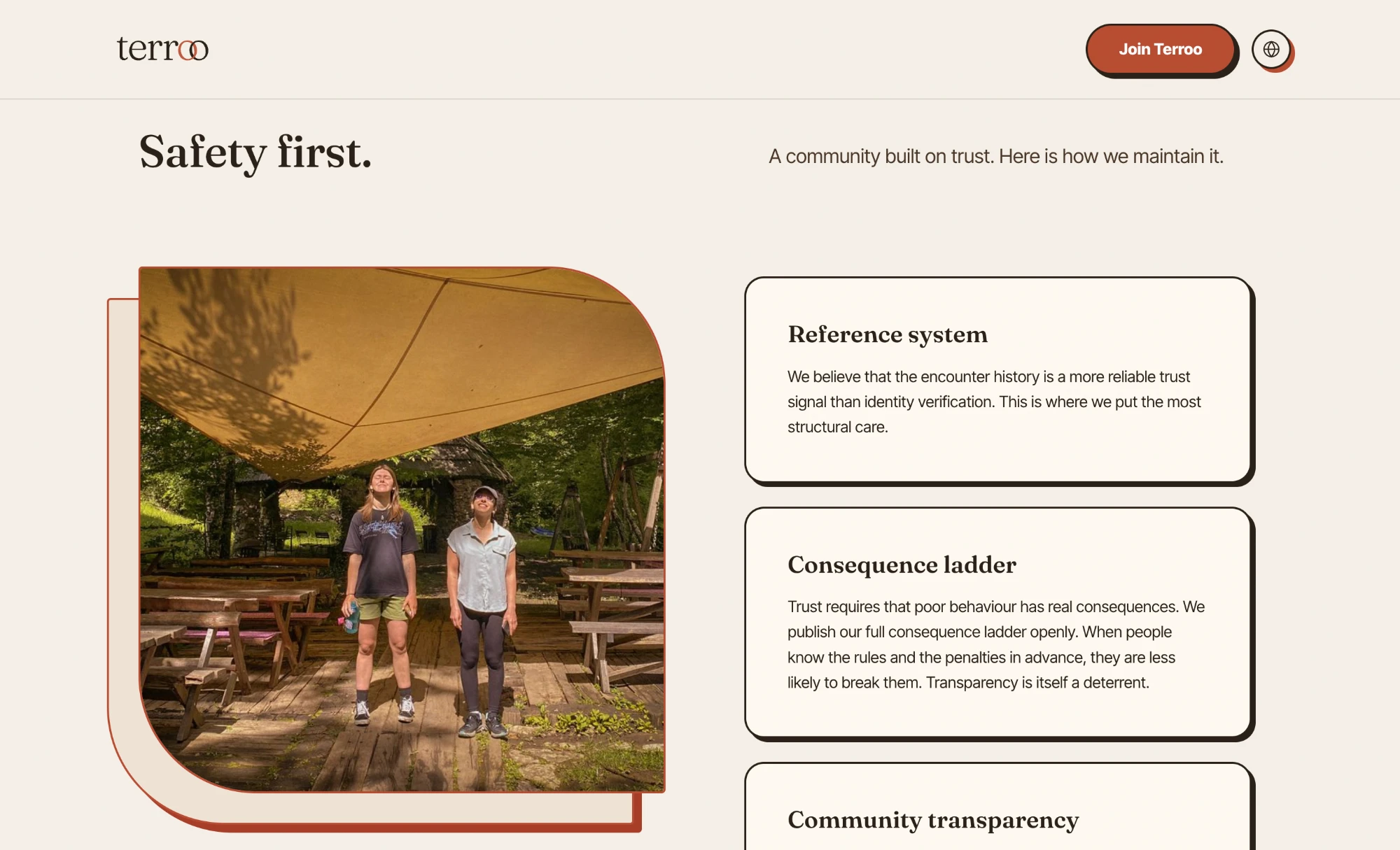 Terroo homepage safety section: reference system, consequence ladder and community transparency