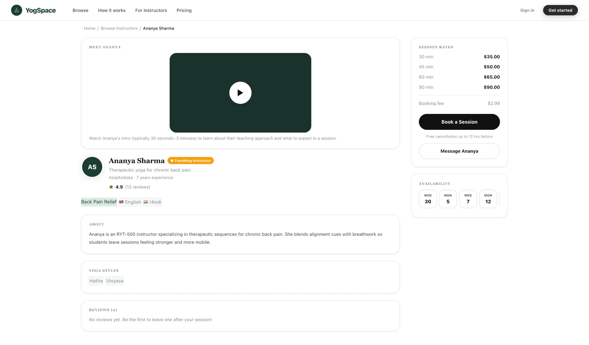 Yogspace teacher profile page before the redesign