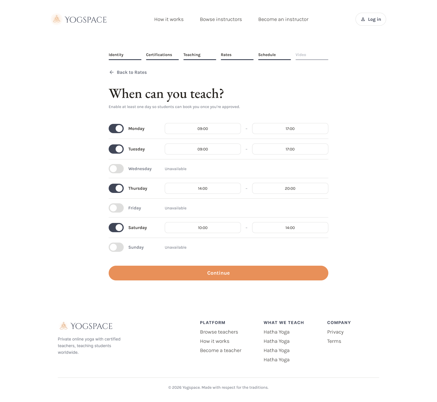 Yogspace teacher onboarding, Schedule step: weekly availability toggles with start and end times
