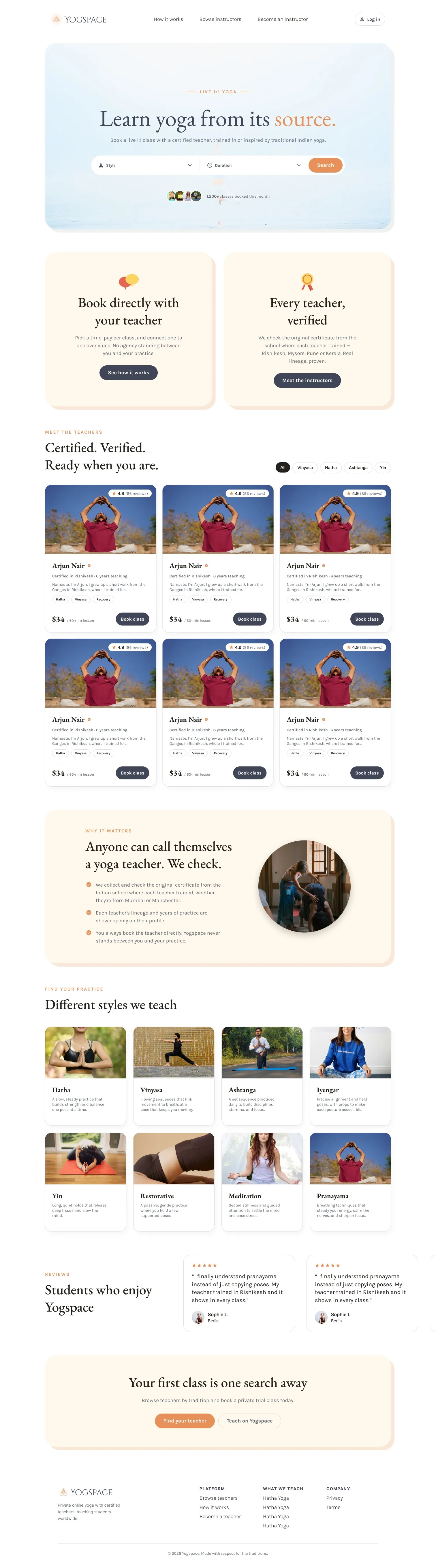 Yogspace homepage, after redesign, full page