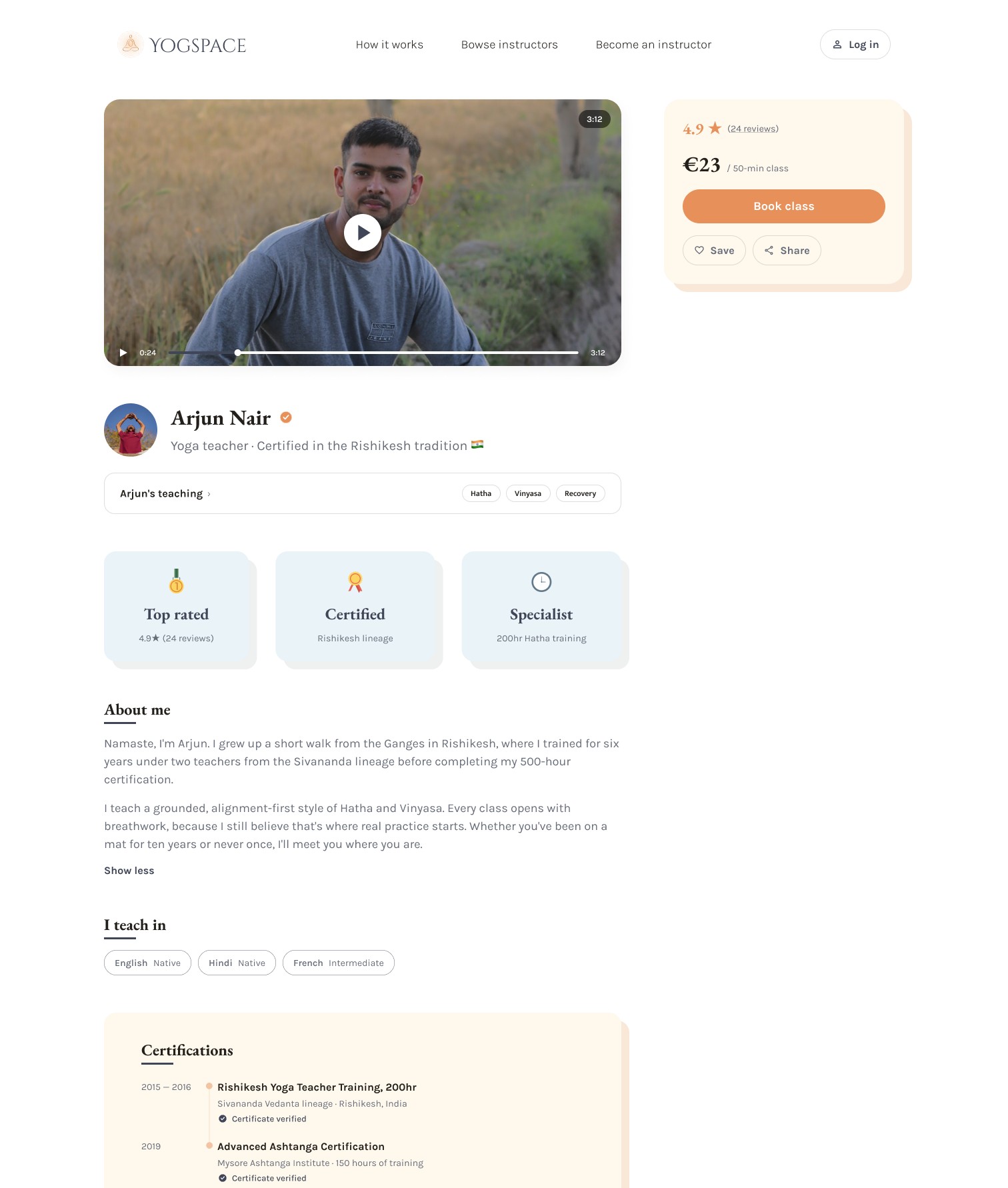 Yogspace teacher profile page after the redesign, with trust badges and a certification timeline